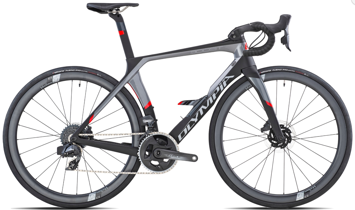 OLYMPIA VELO COMPLET BOOST Carbon DISC - SRAM RIVAL ETAP AXS 12sp - Syntium- Taille M Black/Grey/Red